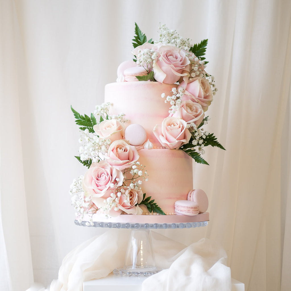 True Romance | Buttercream Iced Cake with Fresh Roses & Macarons, Colour Options Available