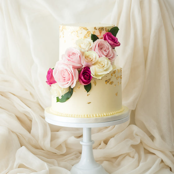 Rose Garland | Buttercream Iced Cake with Fresh Roses & 24 Carat Gold Leaf, Colour Options Available