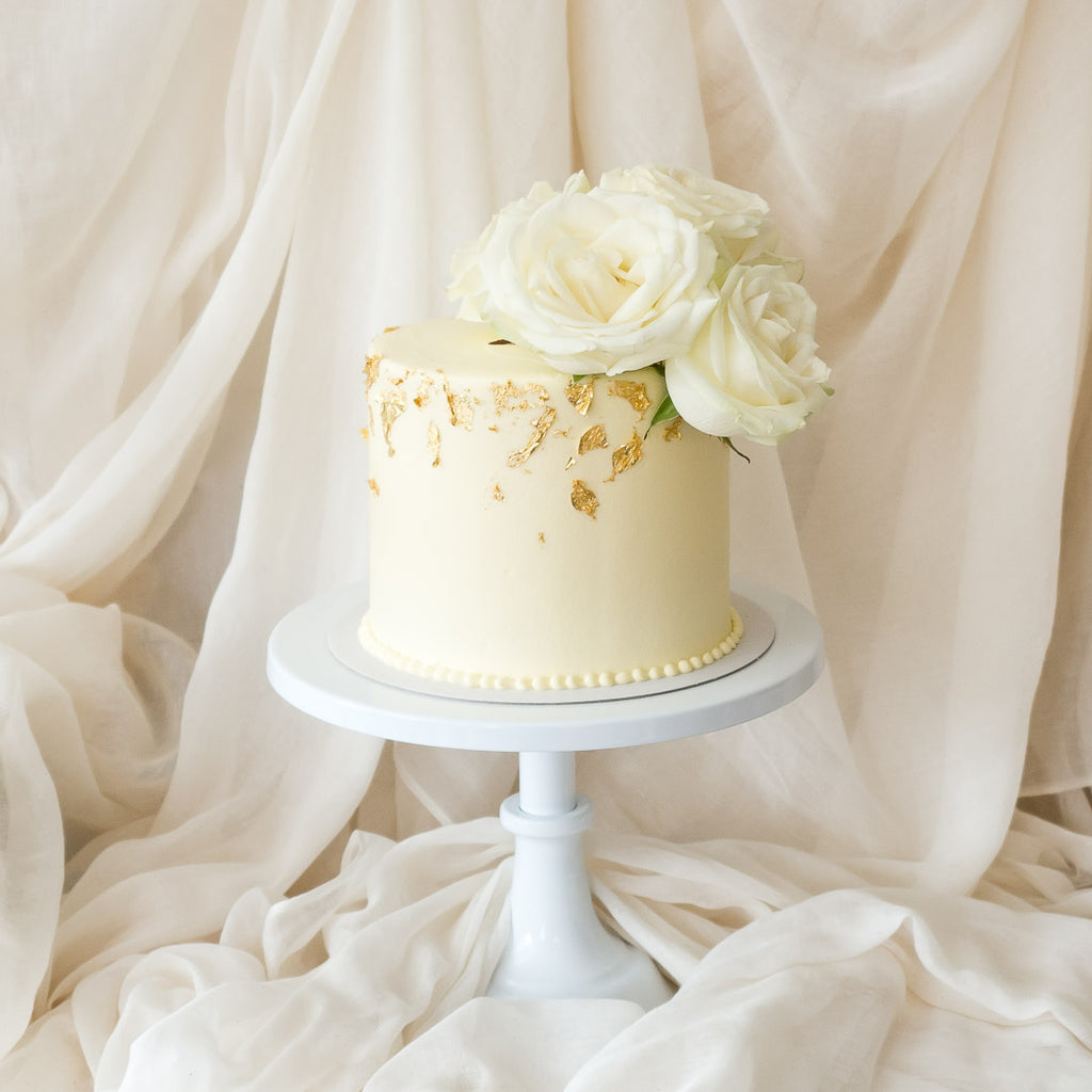Gilded Garden Rose | Buttercream Iced Cake with Fresh Roses & 24 Carat Gold Leaf, Colour Options Available